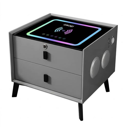 Mesa de noche inteligente con cargador inalámbrico y parlantes